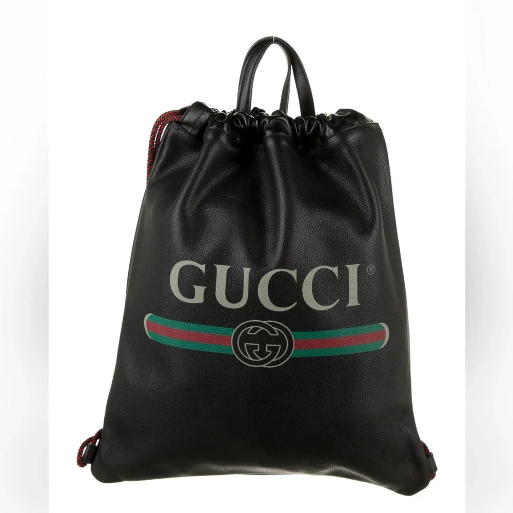 New GUCCI Logo Leather Drawstring Backpack - Picture 2 of 10
